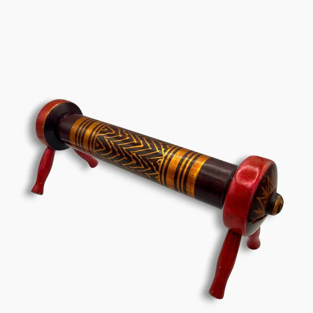 Vintage Handcrafted Lacquered Wood Foot Stool Rolling Pin Red Gold